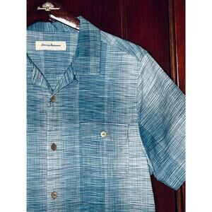 TOMMY BAHAMA BLUE TEXTURED STRIPE SILK COTTON CAMP SHIRT SIZE L / LARGE
